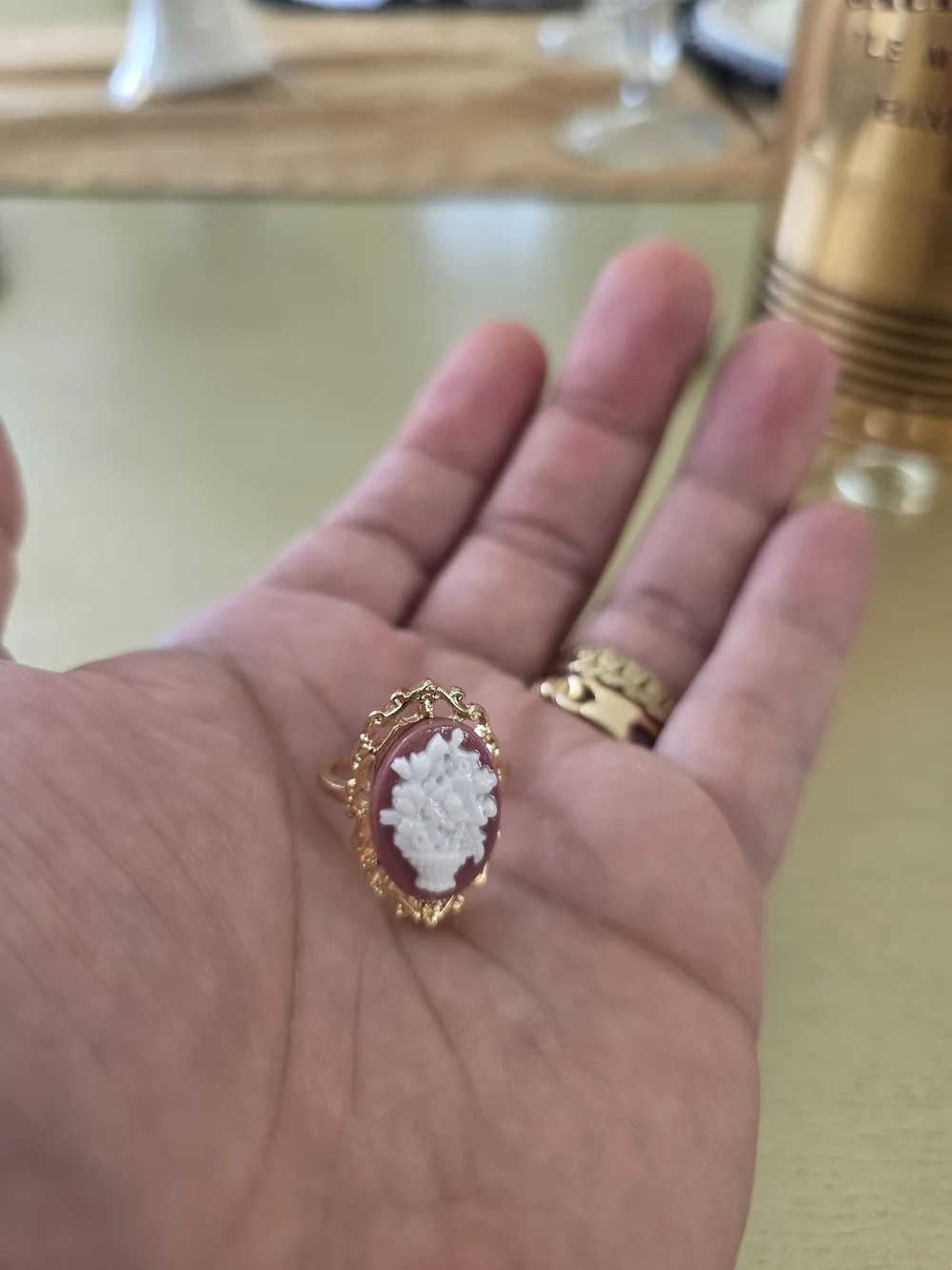 Gold-Tone Pink Cameo Ring with White Relief
